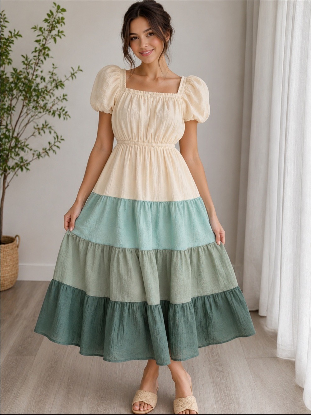 Cream and Green Tiered Puff-Sleeve Maxi Dress
